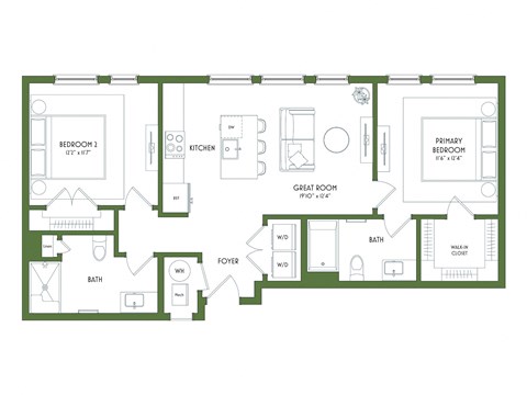 Floor plan for 2 beds, 2 baths, 975 sqft